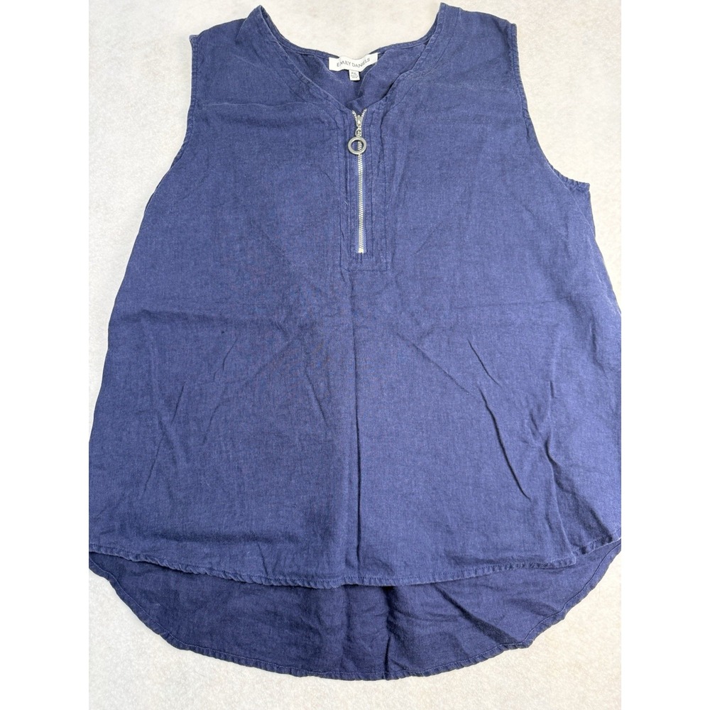 Emily‎ Daniels Womens Sleeveless Zip Front Linen Blend Top Blue Size PXL